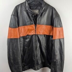 🏍️ Wilsons Leather Moto Racer Jacket Black Orange Harley Stripe size XL 🏍️